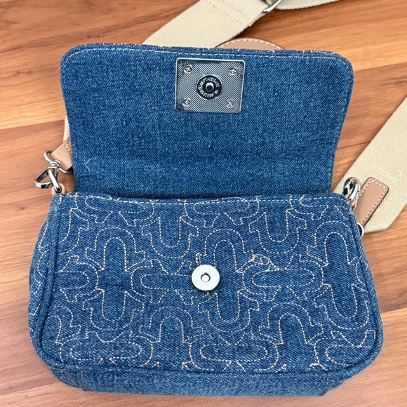 TRUE RELIGION Denim Quilted Horseshoe Wide Strap Coin Purse Flap Crossbody Bag - Picture 12 of 16